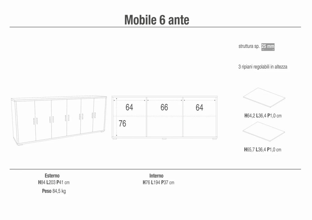Madia credenza mobile 6 ante 203x41x84Hcm in kit di montaggio colore Cemento 