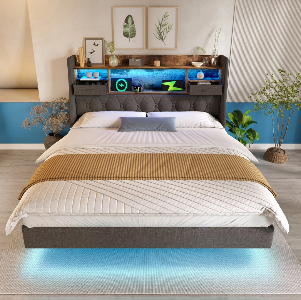 Letto imbottito 160x200 cm con LED; testiera con ripiano e ricarica USB Type-C; grigio
