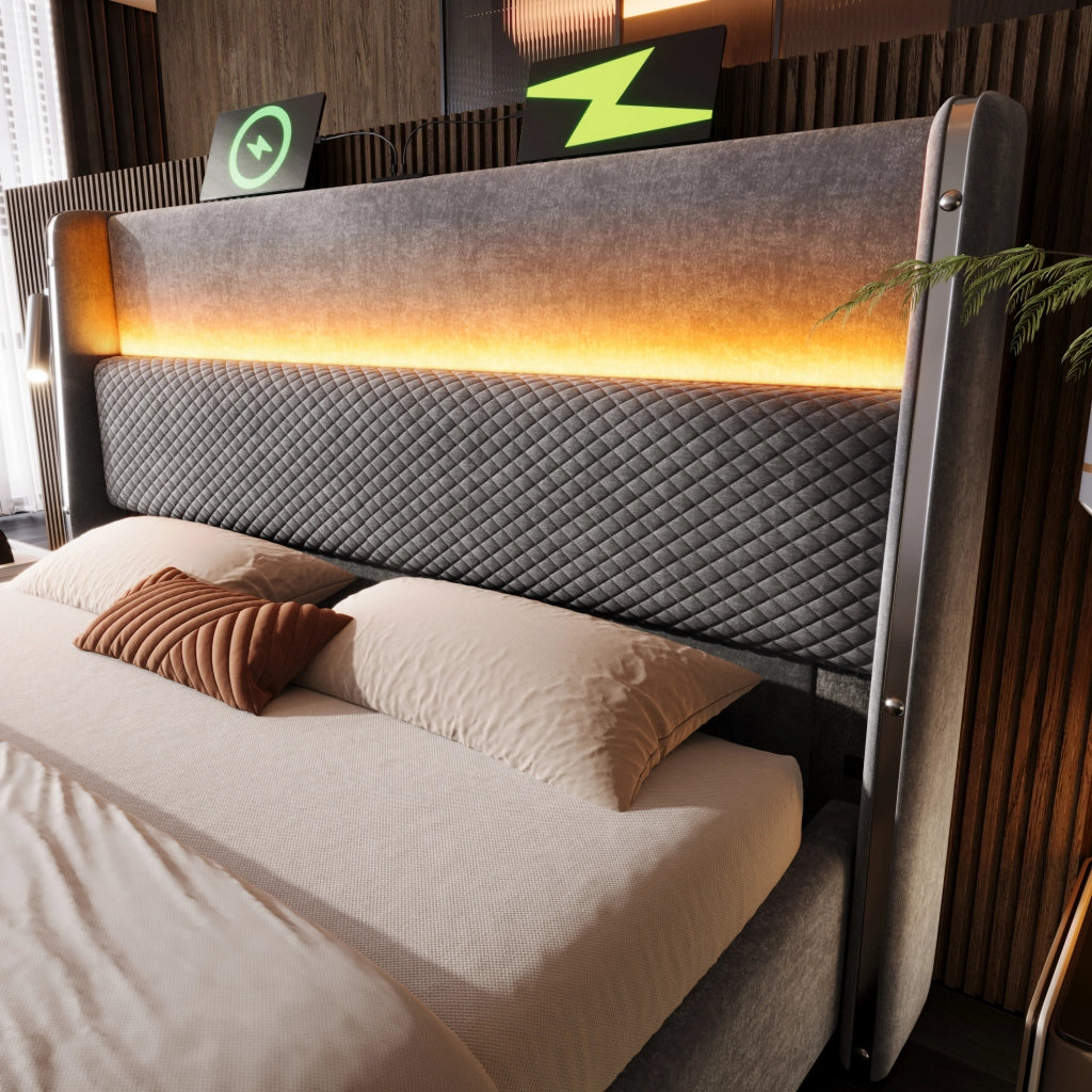 Letto 160x200 cm con contenitore, LED e prese USB/Type-C, rivestimento in lino grigio