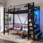 Letto a soppalco 90x200 cm con LED, USB e USB-C in metallo e MDF nero