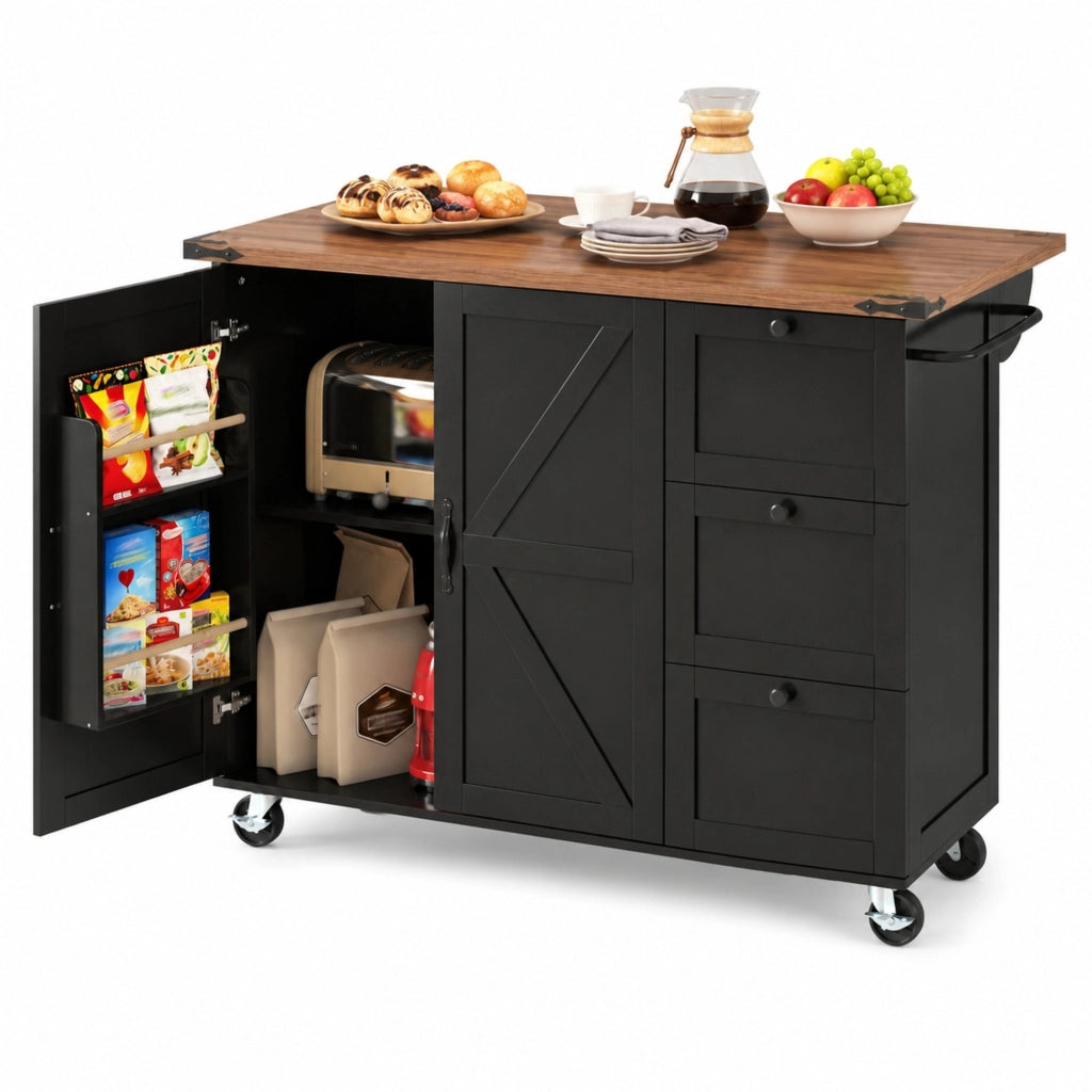 Isola da cucina in MDF con piano pieghevole; 3 cassetti; anta e 5 ruote; nera