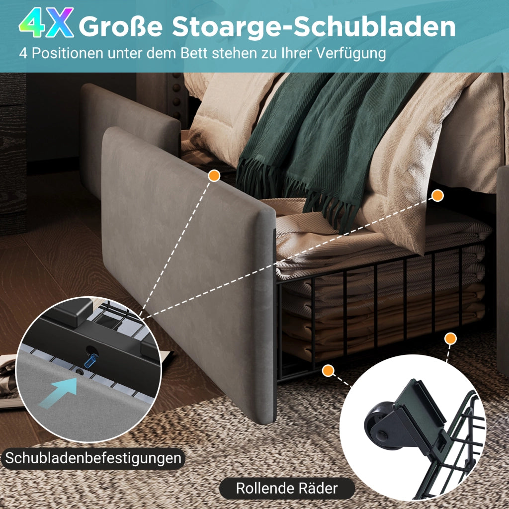 Letto contenitore matrimoniale 180 × 200 cm con 4 cassetti, LED, USB e USB-C, senza materasso, velluto grigio