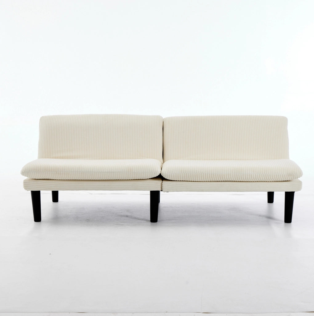 Divano a 2 posti regolabile a 3 posizioni in velluto beige con piedi neri in plastica e struttura in legno