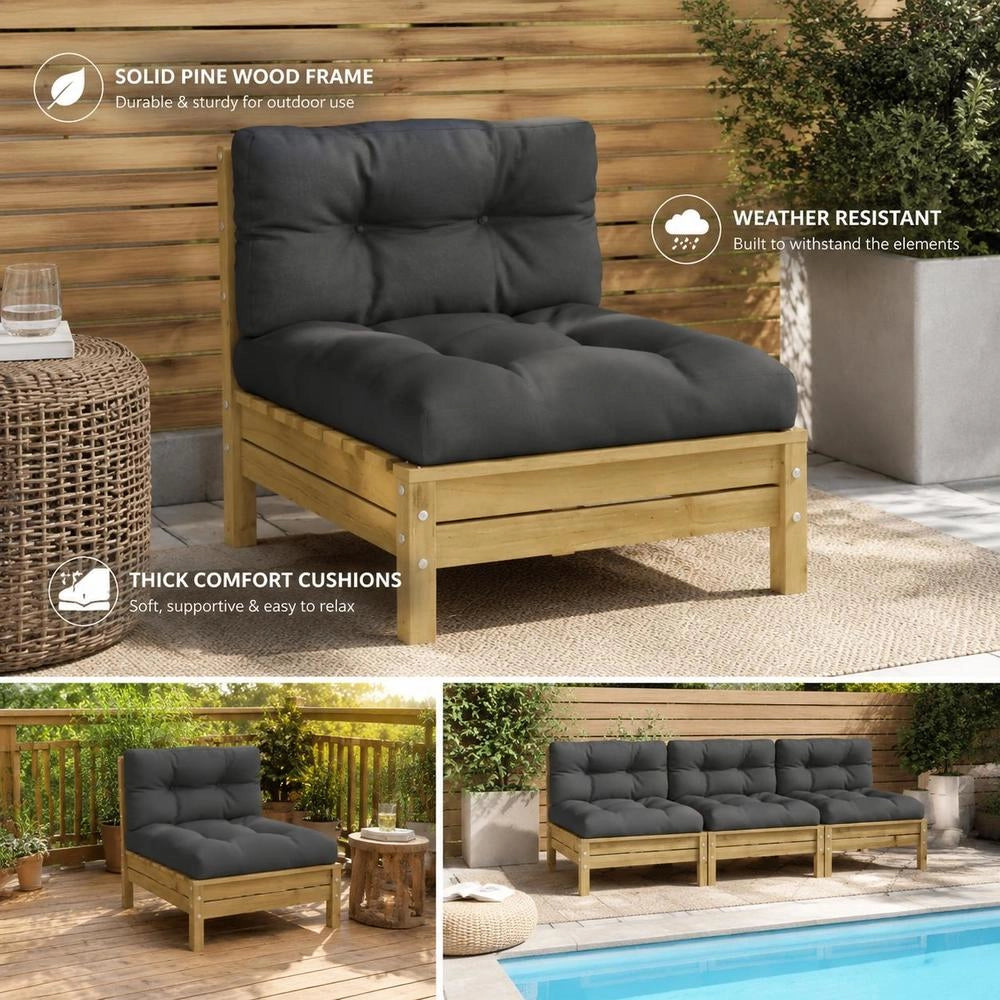 Garden Sofa Without Armrests With Cushions, Pine Wood
