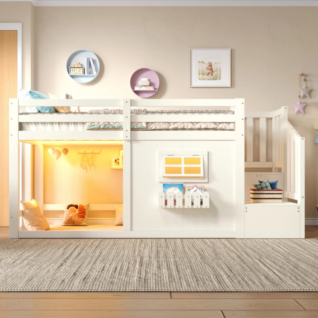 Letto a soppalco singolo 90x200 cm con scala contenitore e LED bianco HOMVRA