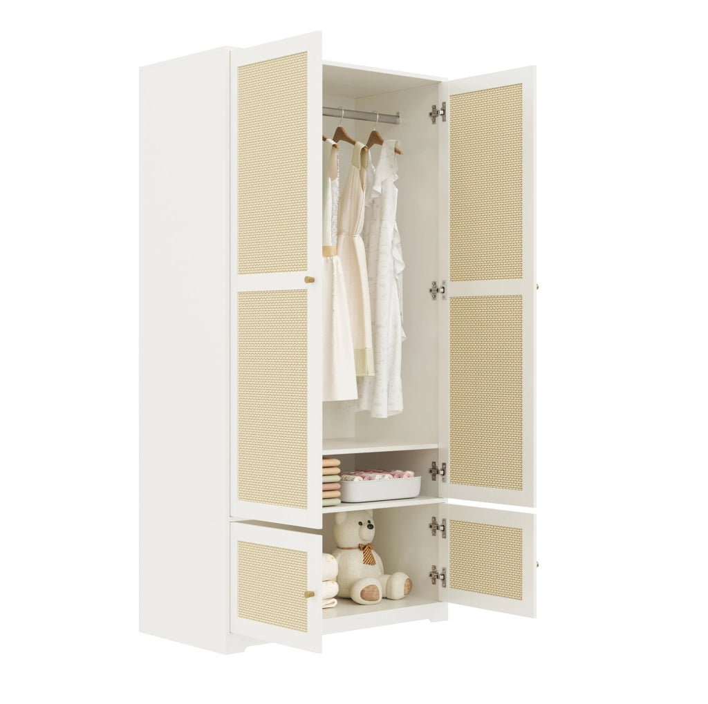 Armadio a Due Ante in Legno 90 x 48 x 180 cm con Ante in Rattan Bianco - Ideale come regalo per Halloween e Natale