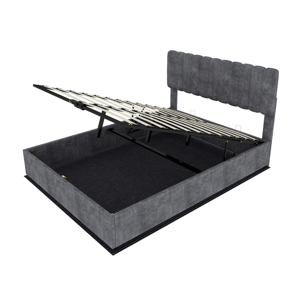 Letto imbottito moderno 160x200 cm con testiera morbida e contenitore grigio