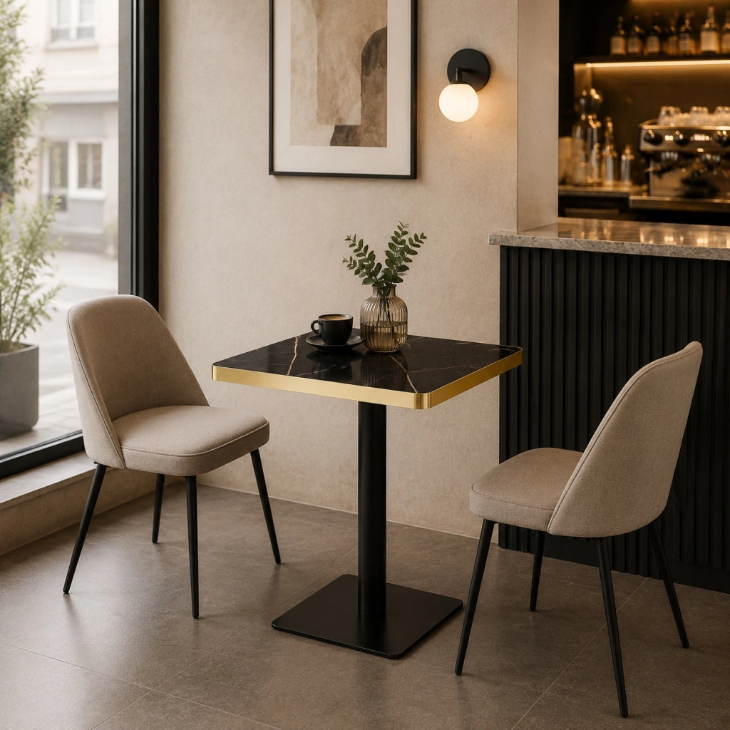 Tavolo da pranzo quadrato con piano MDF effetto marmo bordo dorato struttura metallo nero 60 × 60 × 74 cm