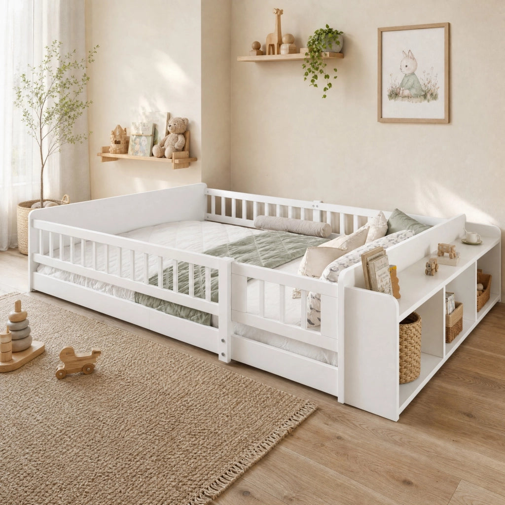 Letto per bambini 140 × 190 cm con ripiani e vano a giorno in legno di pino bianco con barriera apribile