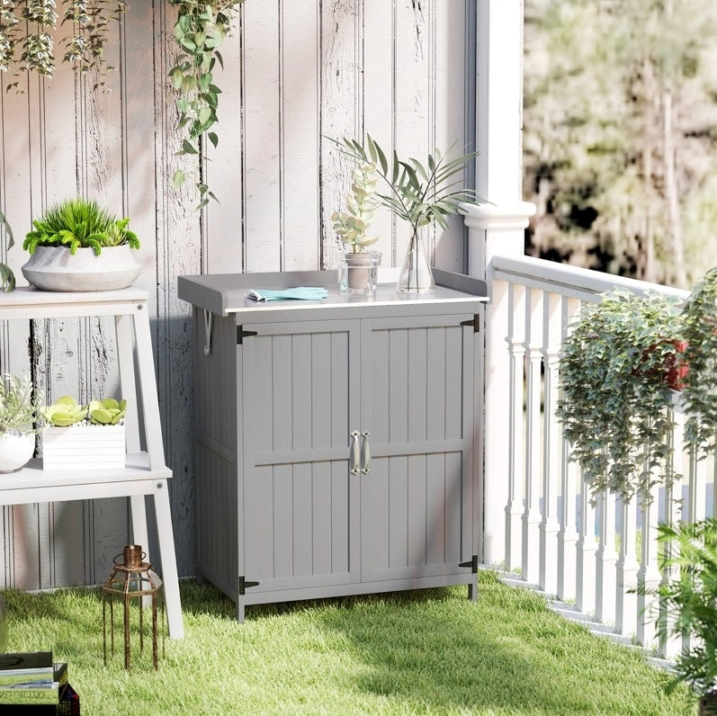 Armadio da Giardino con Piano di Lavoro in Legno e Acciaio, Doppie Porte, Grigio, 74x43x88 cm