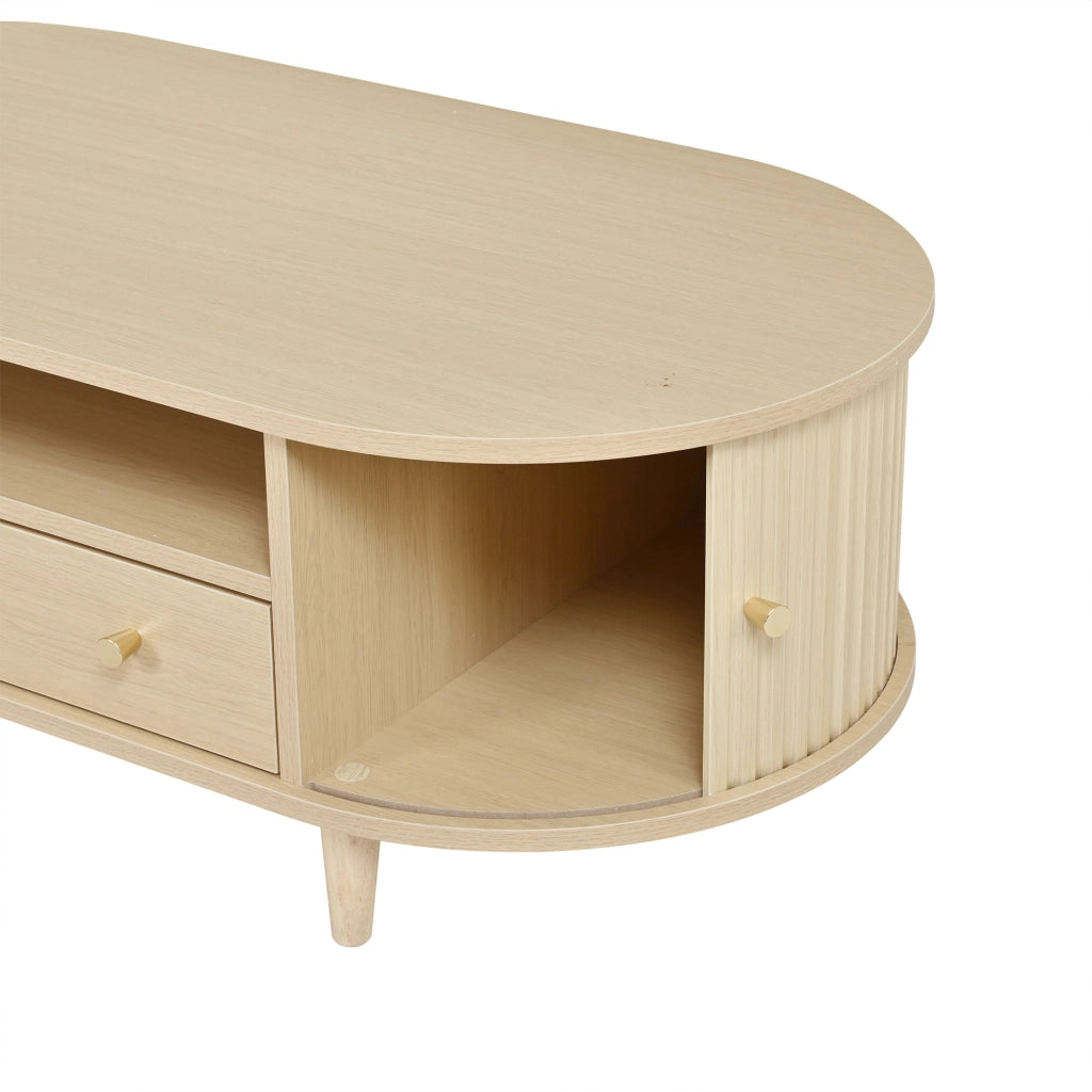Tavolino da salotto ovale con cassetto, vano aperto e 2 ante a rullo per soggiorno, in mdf rovere, 100 × 50 × 36 cm