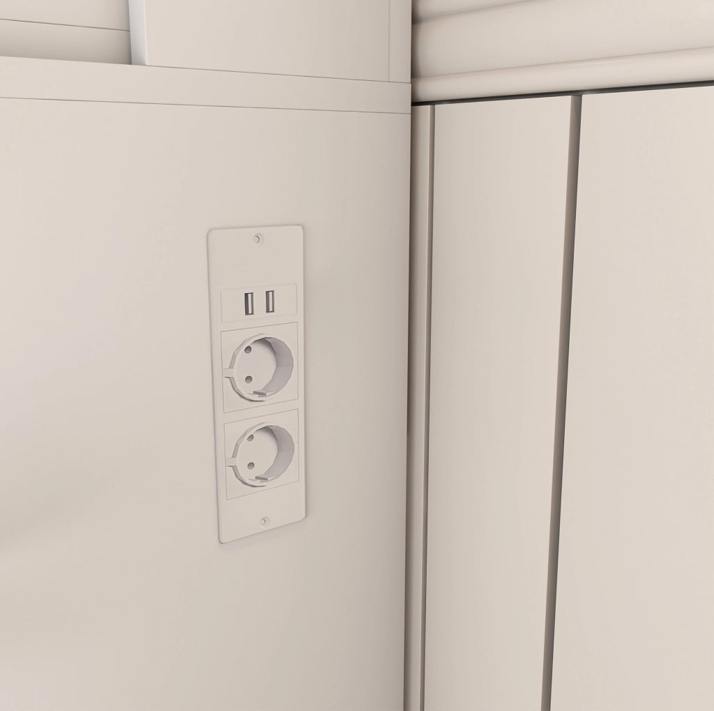 Toeletta bianca in MDF con specchio LED, presa, supporto asciugacapelli e sgabello