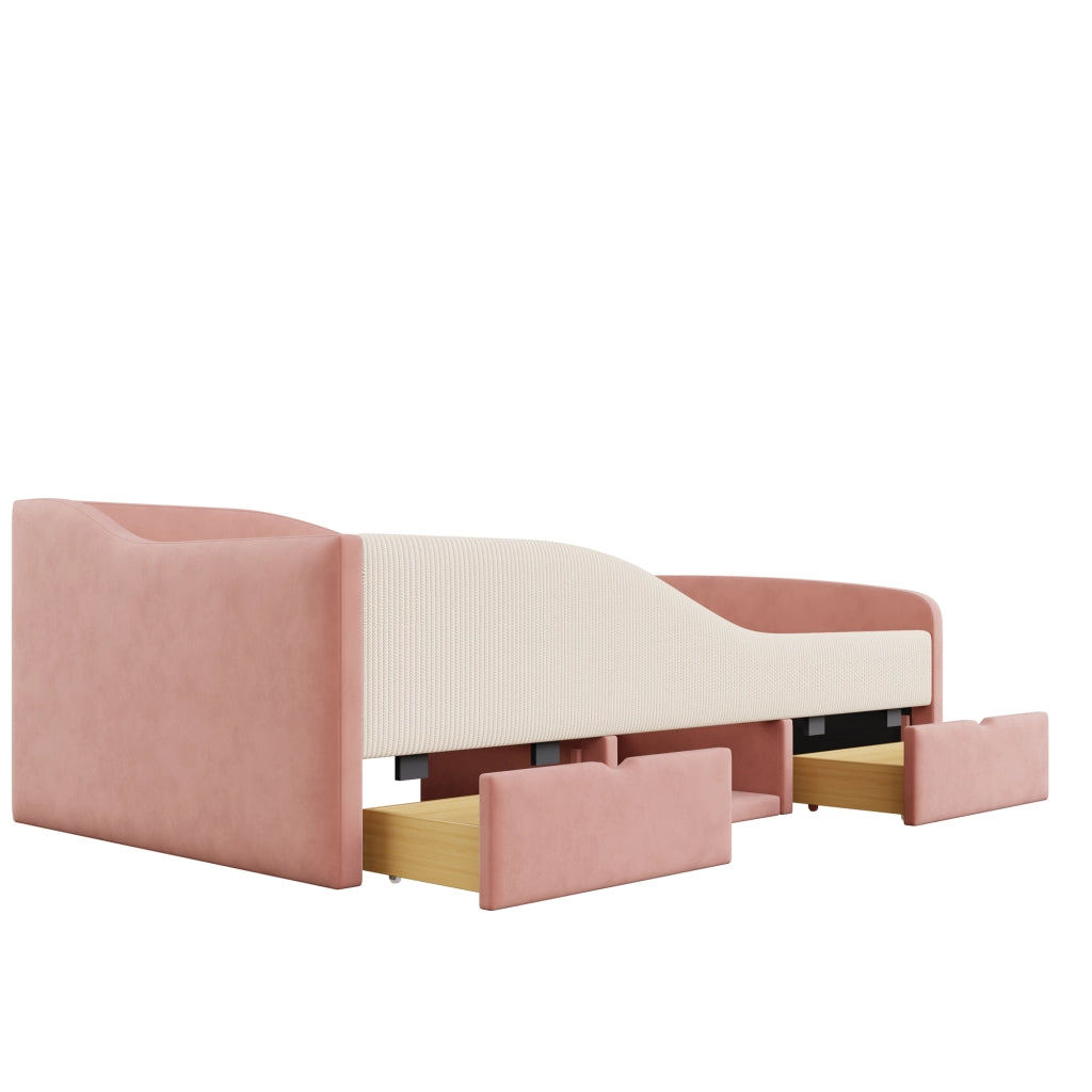 Divano letto 90x190; con 2 cassetti e guide di sicurezza; velluto; rosa e crema