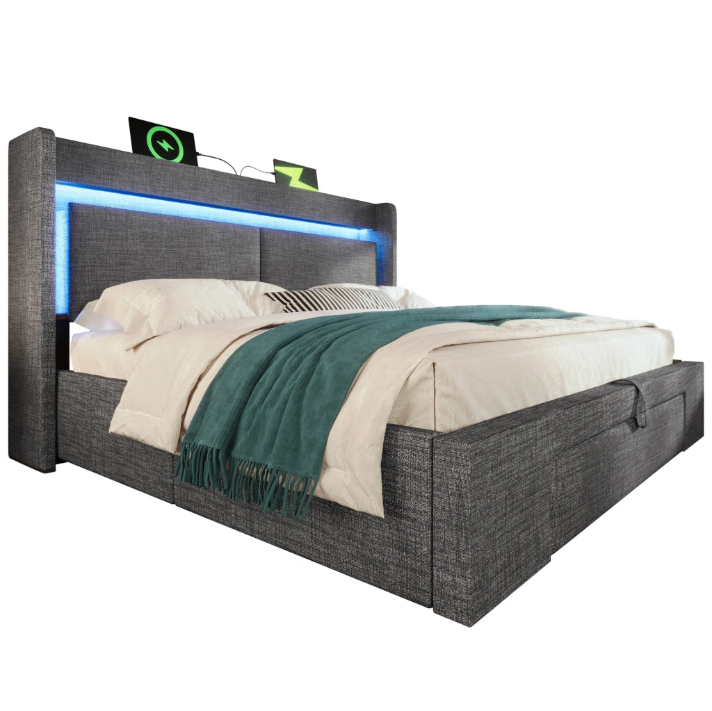 Letto matrimoniale 160x200 cm contenitore con LED; USB e USB-C grigio HOMVRA