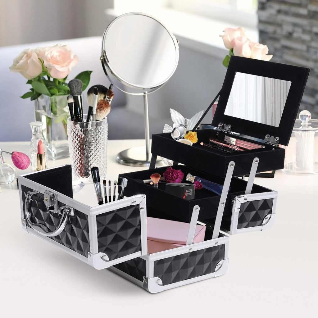 Cassettiera da trucco con specchio e 3 livelli ¨C Minimal ¨C nero 20x15x15 cm