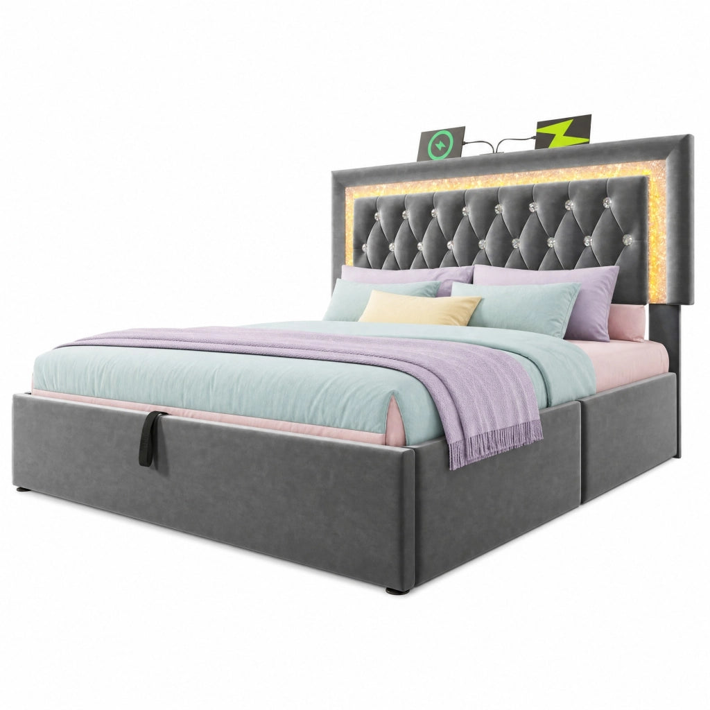 Letto matrimoniale 140x200 cm in velluto grigio con LED e contenitore