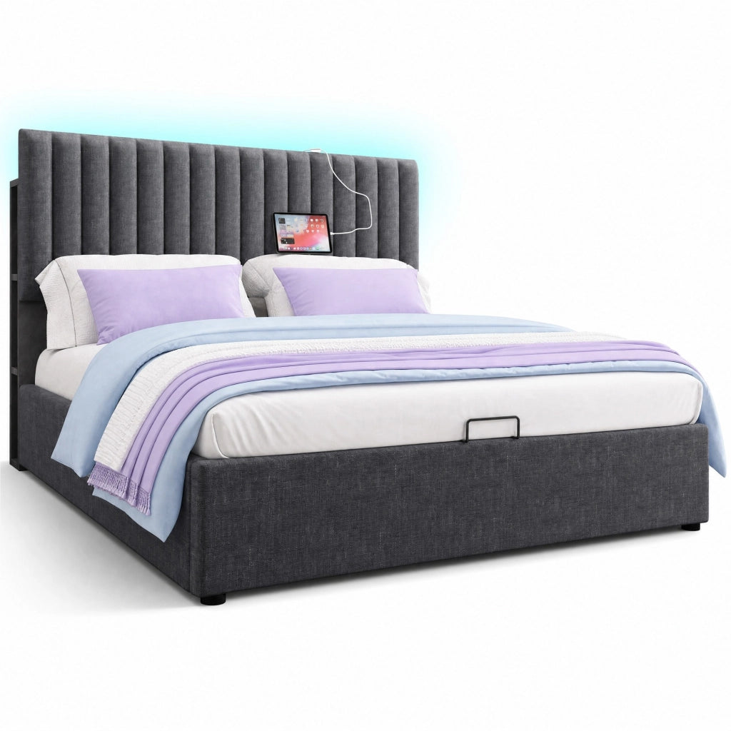 Letto matrimoniale imbottito 140 ¡Á 200 cm con materasso LED USB Type C vano contenitore testiera regolabile grigio