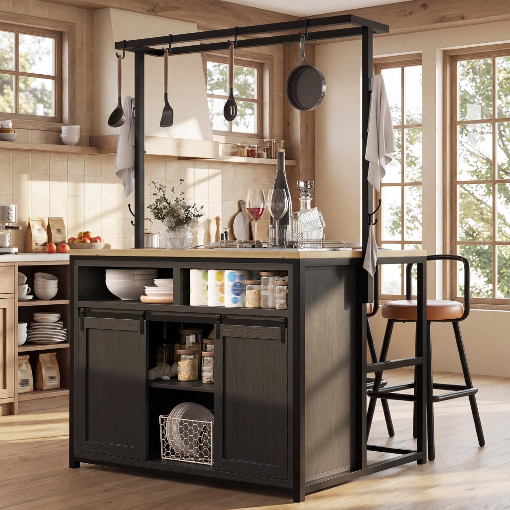 Mobile contenitore con prese elettriche, vani aperti e ante scorrevoli per cucina, in MDF e metallo, nero, 107 × 62 × 183 cm