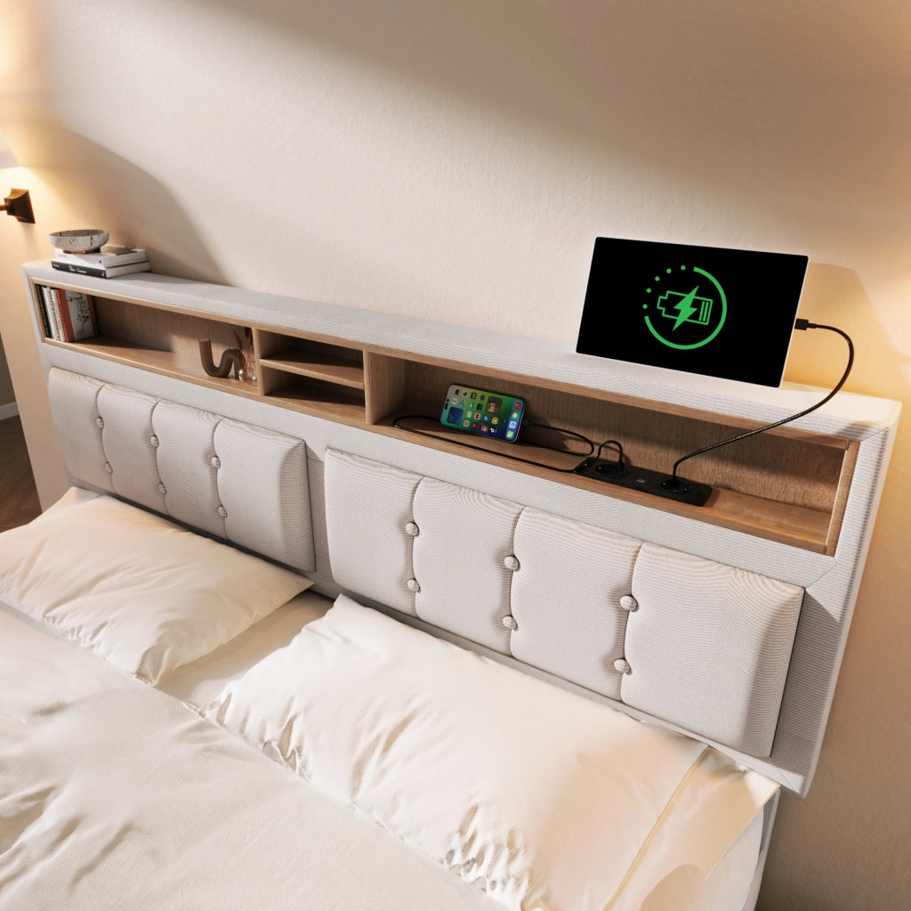 Letto imbottito 140x200 cm con contenitore, USB-C e prese, in lino beige