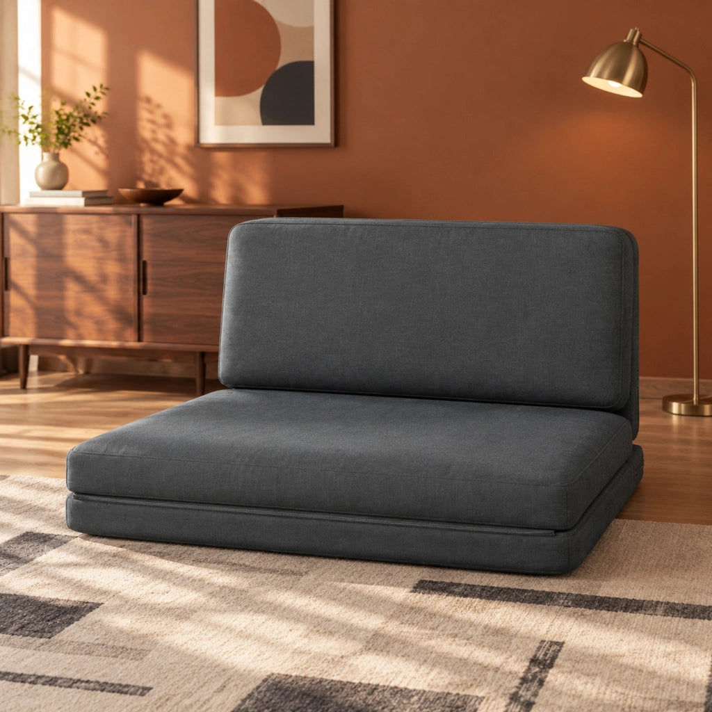 Divano a terra 3-in-1 pieghevole in tessuto effetto velluto grigio scuro, letto imbottito fino a 240 kg per soggiorno e camera