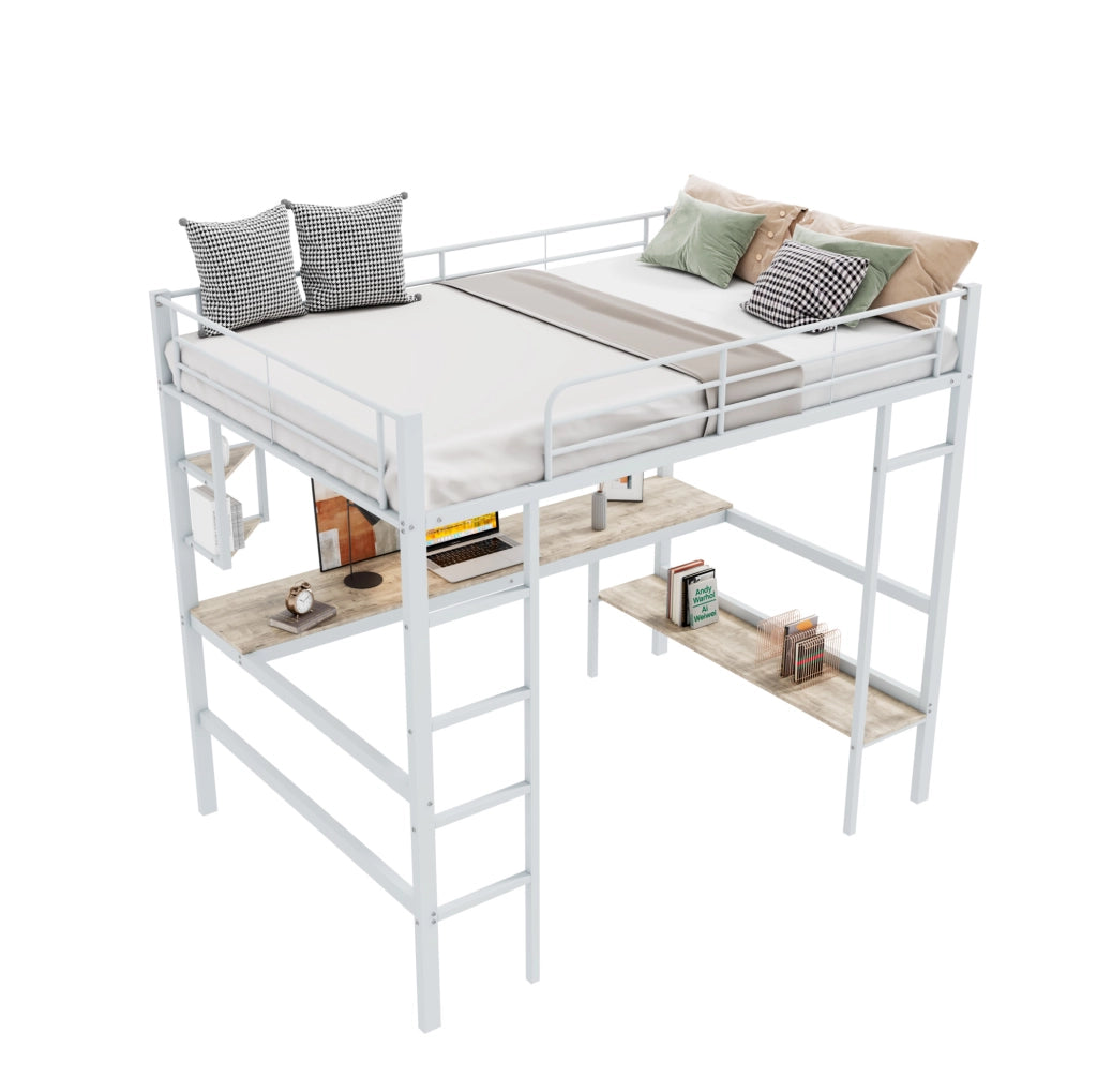 Letto a soppalco 90x200 cm con scrivania e libreria in metallo e MDF; bianco