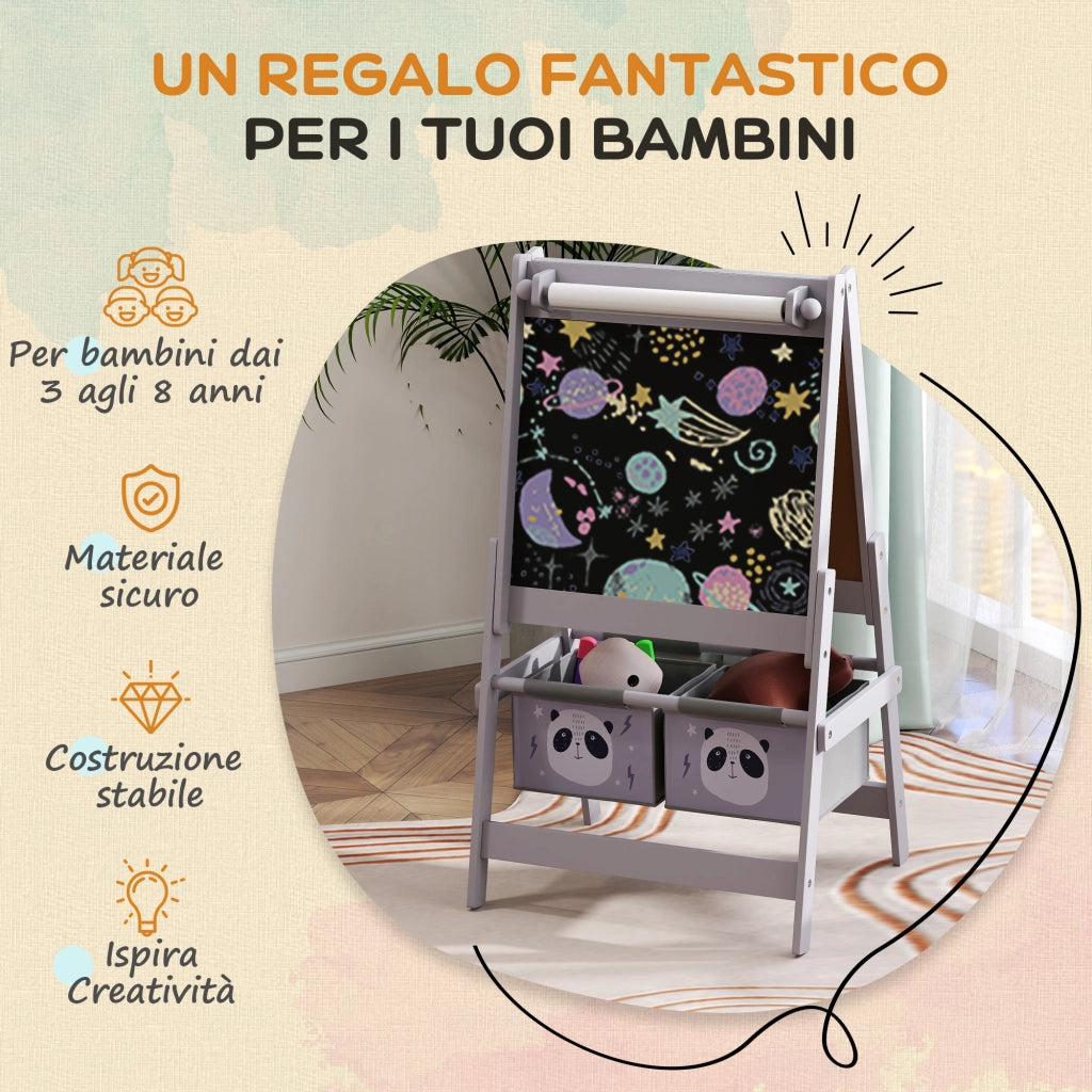 Lavagna Cavalletto 3 in 1 per Bambini ¨C Xylo ¨C Grigio con 2 Contenitori 54x46.5x93cm