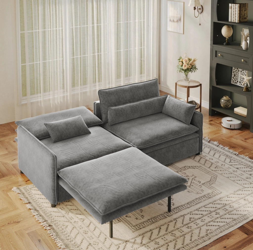 Divano letto 3 posti 206 cm in chenille con vano contenitore, schienale regolabile e cuscini bracciolo mobili, colore grigio chiaro