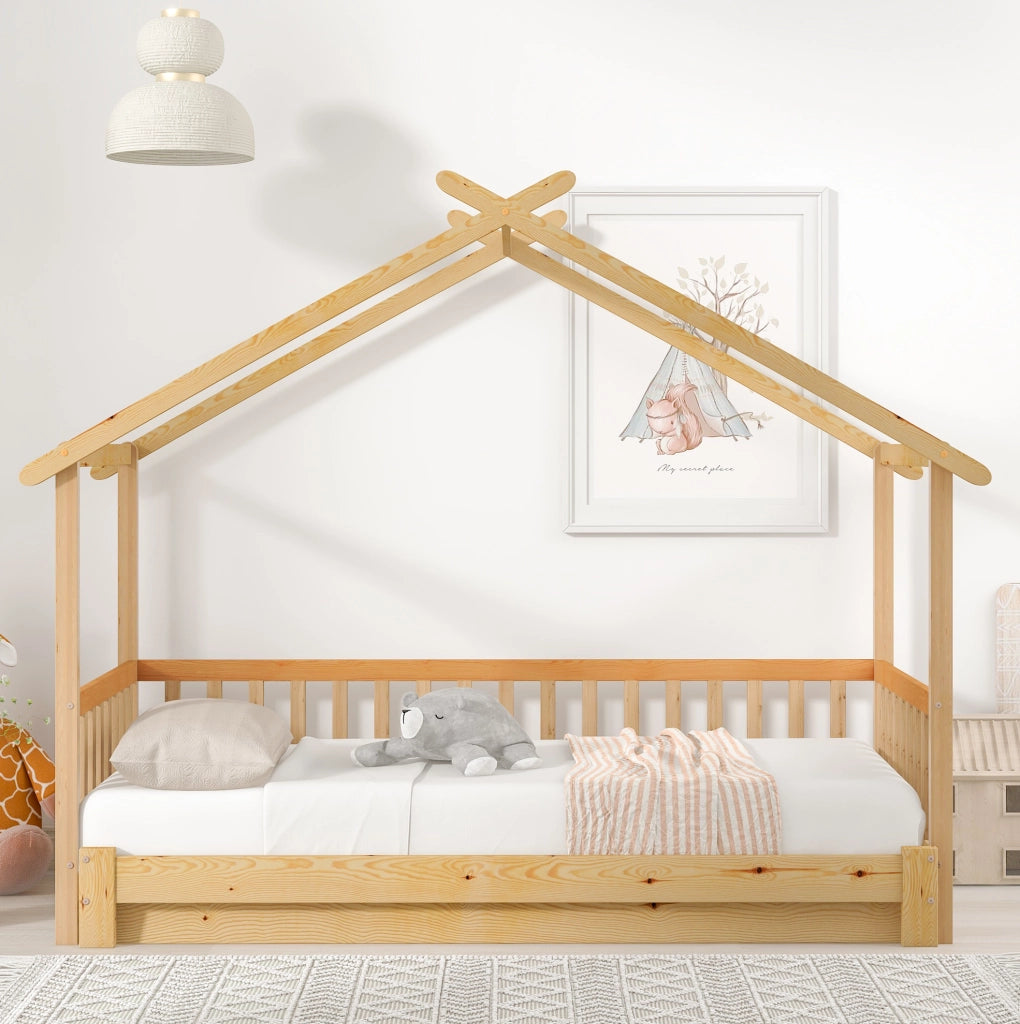 Letto a castello in legno massello di pino, letto singolo e matrimoniale estraibile, design a casetta naturale (200x90cm & 200x180cm)