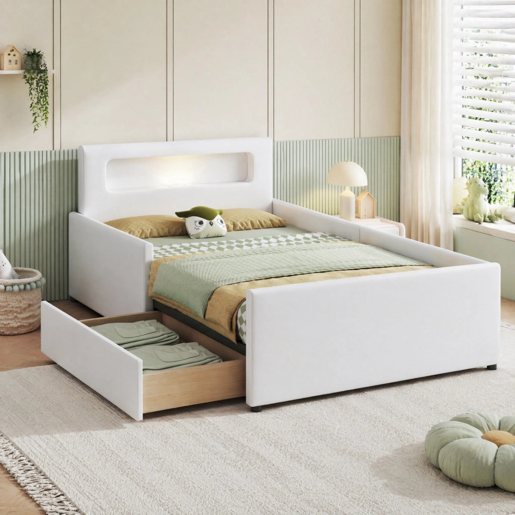 Letto singolo 90 × 200 cm imbottito con cassetti; luce notturna LED e porta USB in similpelle bianca