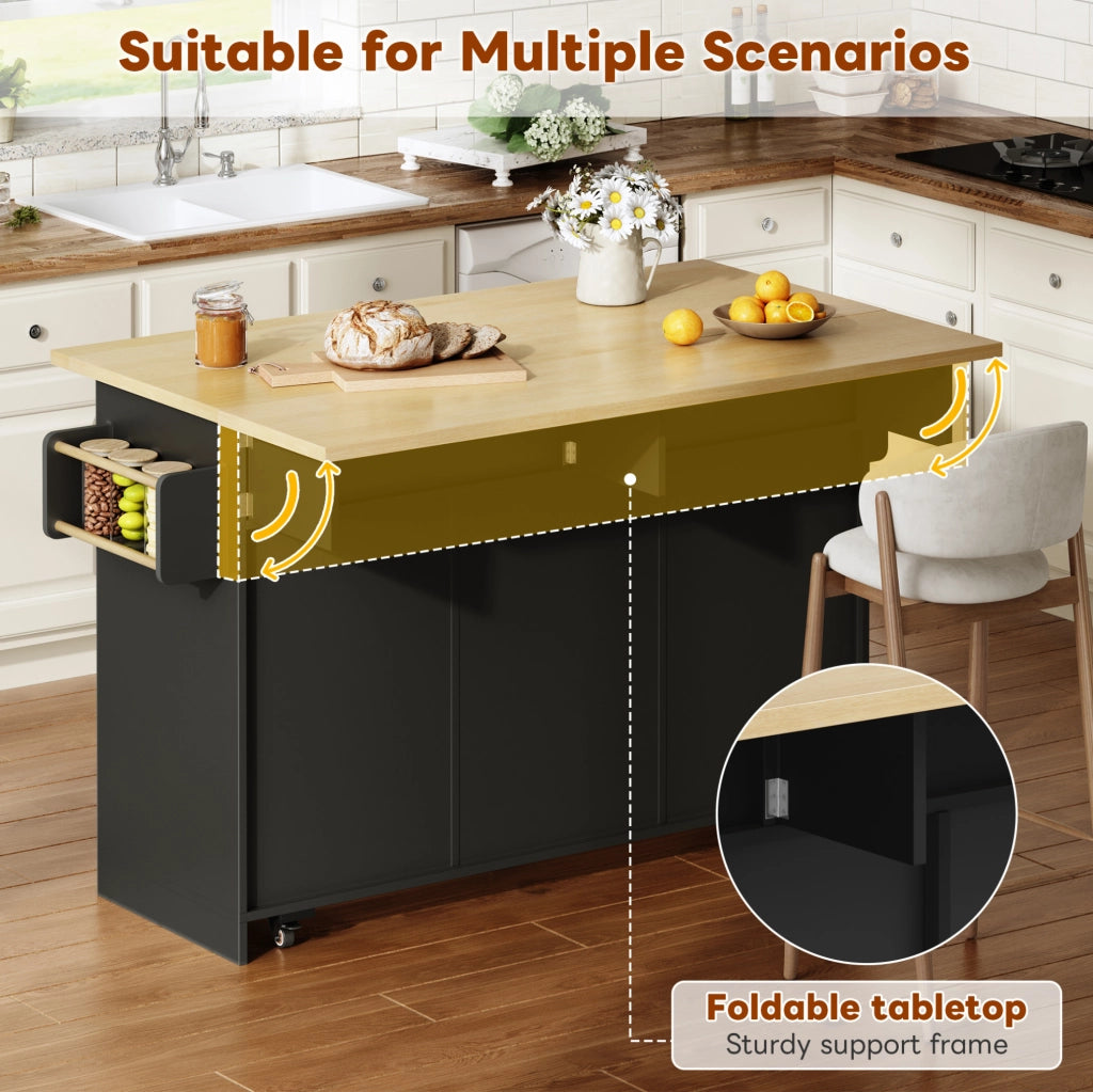 Isola cucina mobile con piano ribaltabile; 2 cassetti grandi; ruote bloccabili; MDF; nero