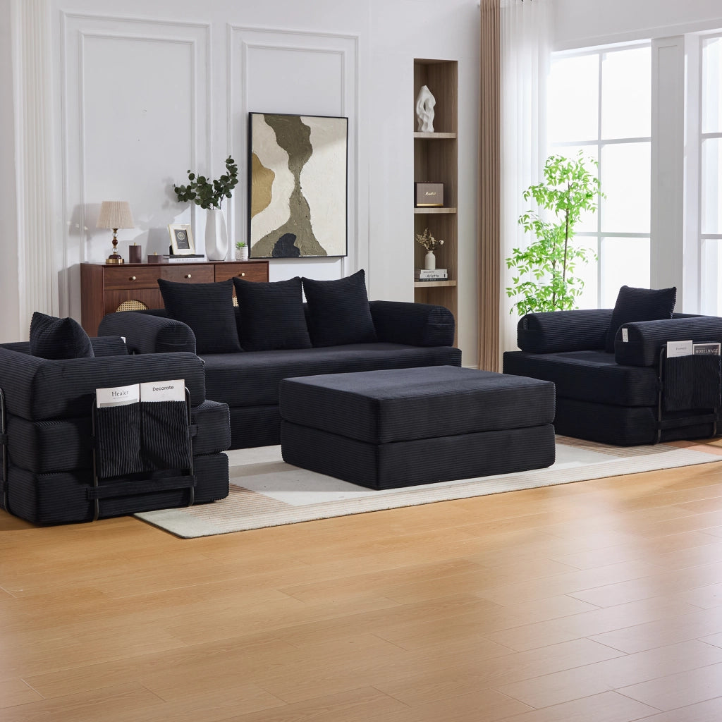 Set divano modulare 3 posti con poltrona e pouf in velluto a coste nero