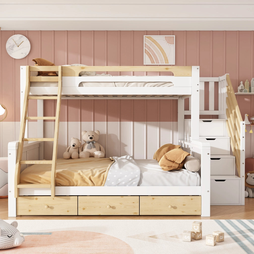 Letto a castello 90x200 e 140x200 cm in pino e MDF; bianco e naturale; con scala contenitore e 3 cassetti per cameretta