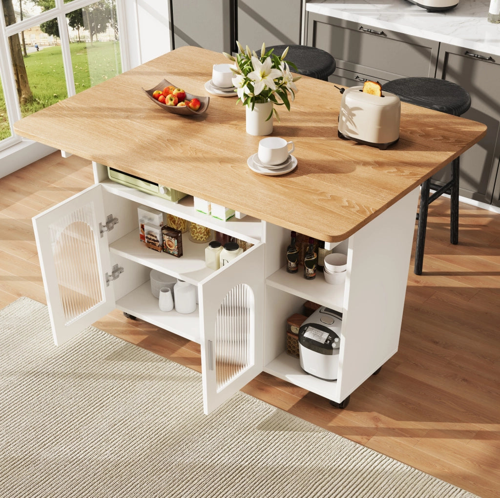 Isola cucina pieghevole con ruote e ripiani 120x30/70x79;5 cm in MDF bianco