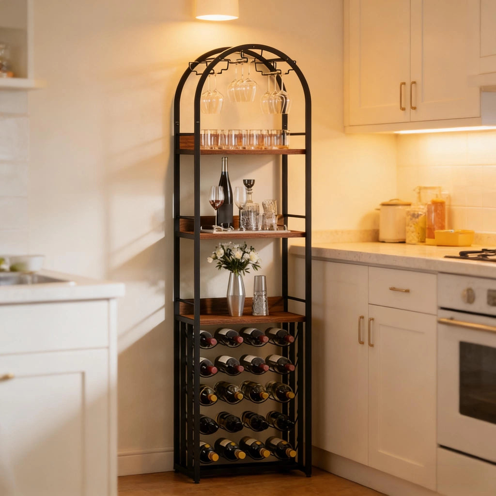 Portabottiglie da terra per 30 bottiglie con ripiano in MDF e acciaio nero marrone rustico 183 × 50 × 35 cm