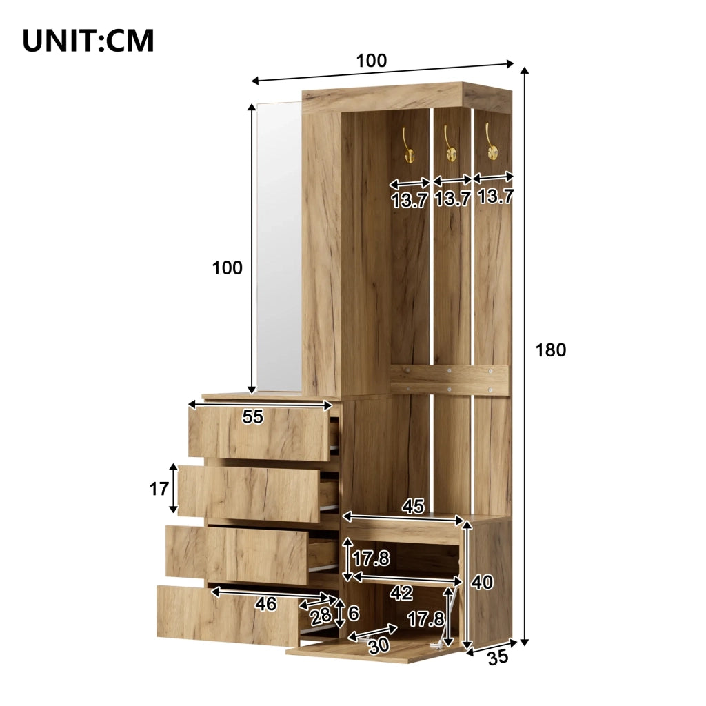 Set guardaroba con specchio, 4 cassetti e ganci, combinazione per ingresso con 1 anta e ripiano, ampio spazio contenitivo, 100x35x180 cm