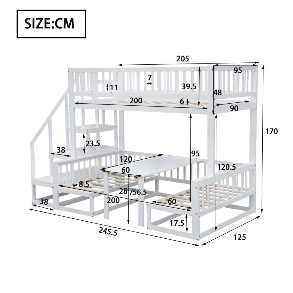 Letto a castello 90 × 200 cm e 120 × 200 cm, 3 posti con tavolo regolabile e divano, senza materasso, bianco