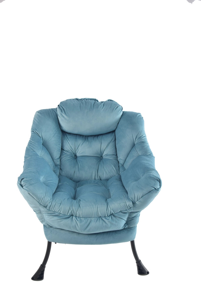 Sedia relax con poggiapiedi e tasca laterale, poltrona lounge imbottita blu, struttura in metallo