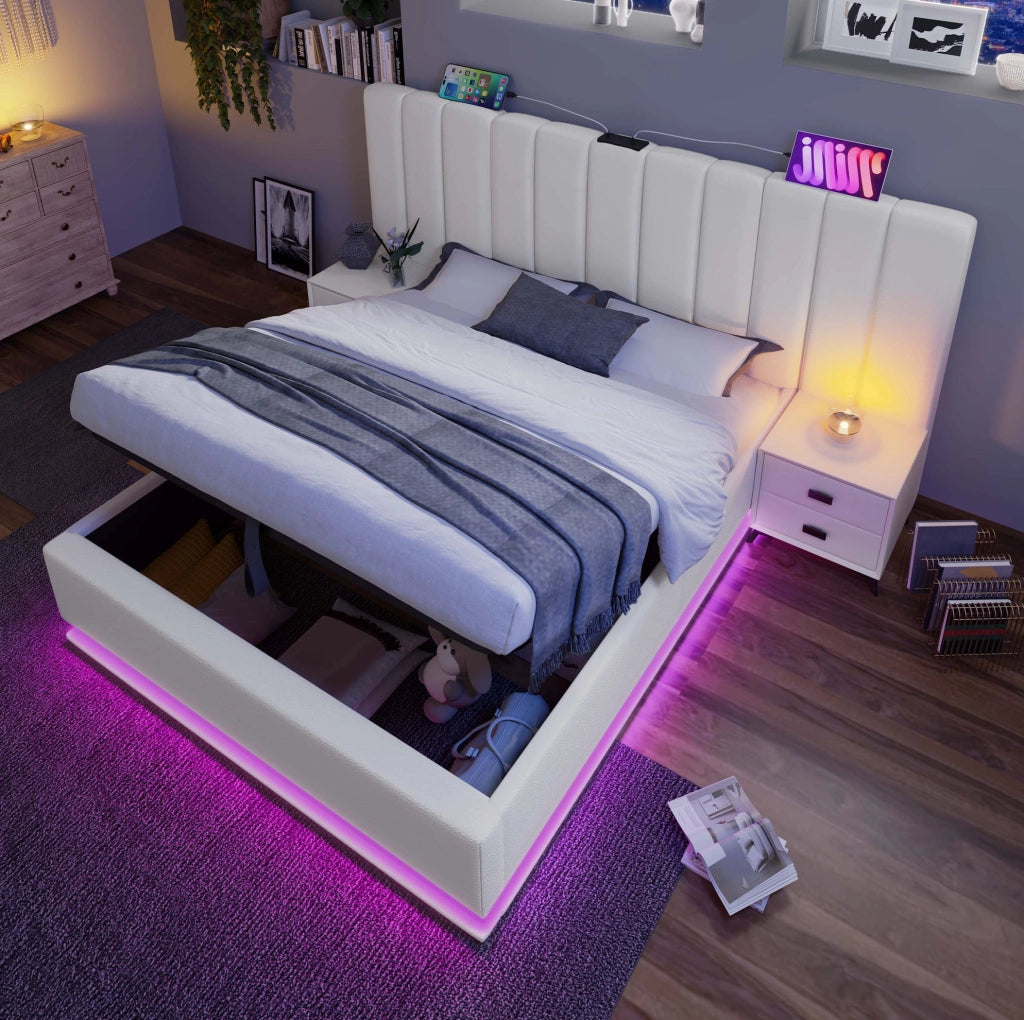 Letto contenitore 160x200 cm bianco con LED, USB-C e materasso