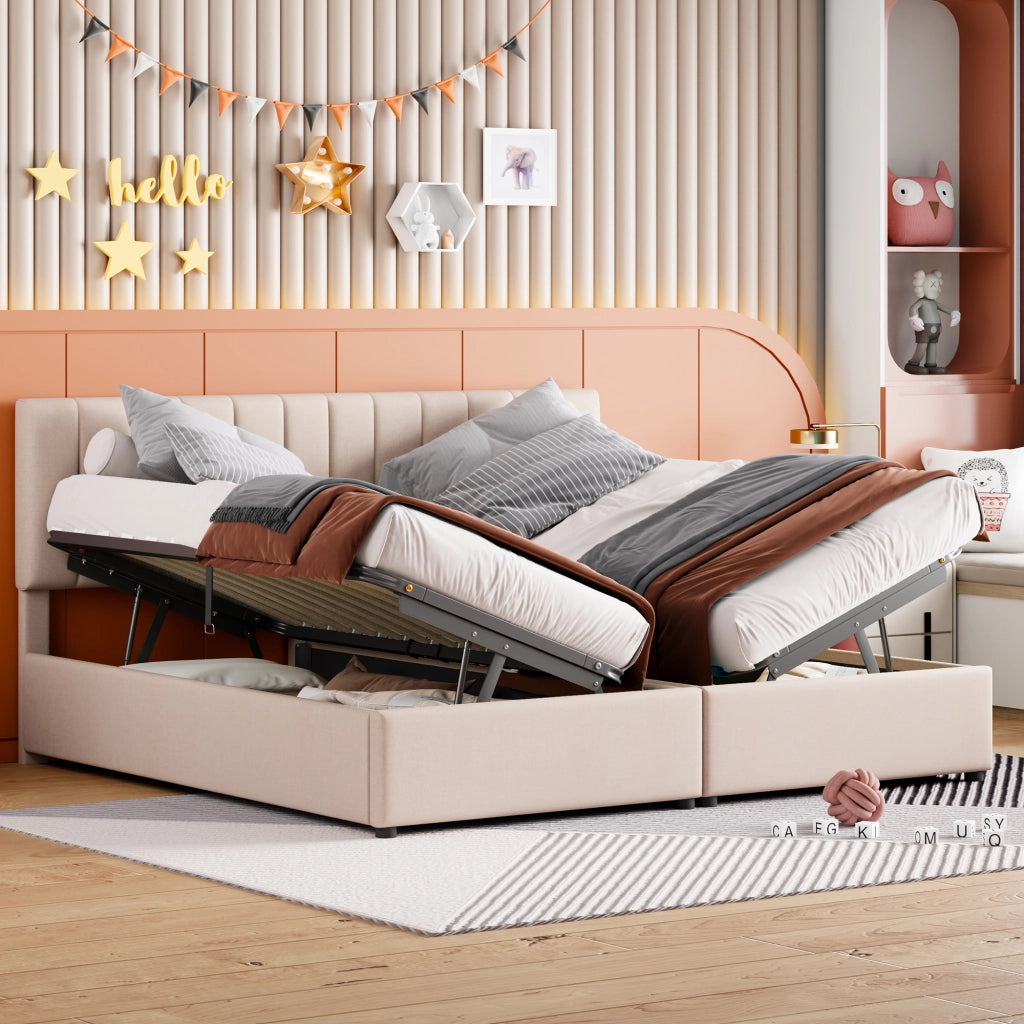 Letto Matrimoniale 180x200 Beige con Contenitore Idraulico e Testiera Regolabile
