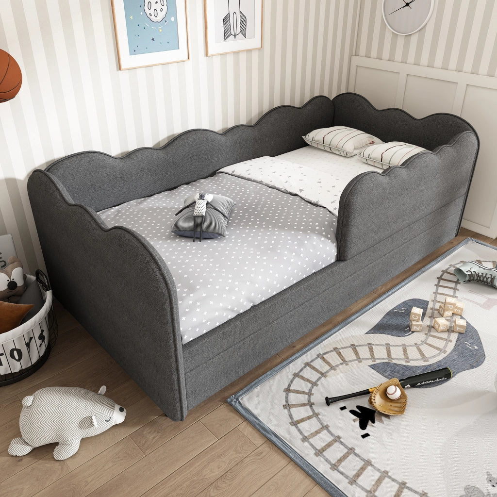 Letto estraibile 90×190 cm 2 posti con barriera e schienale imbottito; senza materasso; in lino; grigio