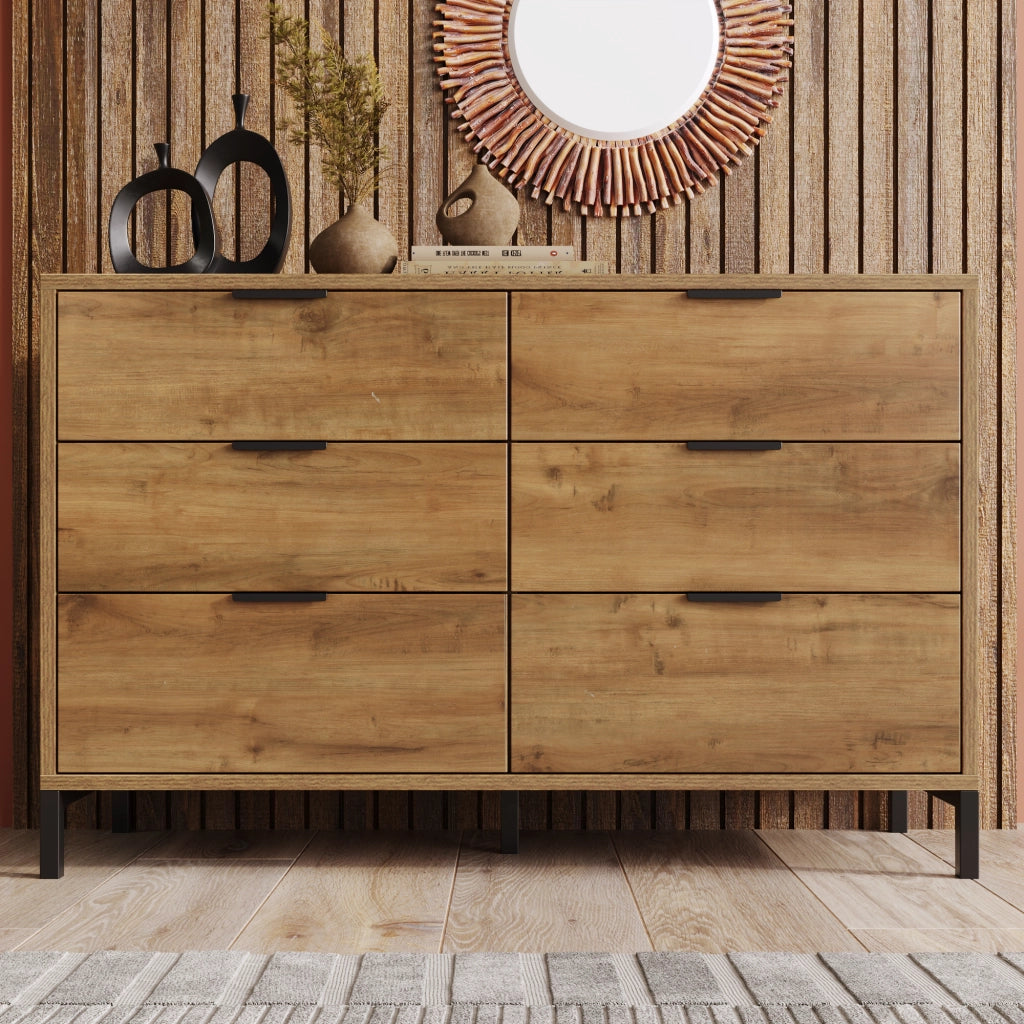 Cassettiera industriale con 6 cassetti e piedini regolabili per camera da letto, rovere scuro, 120 × 40 × 76 cm