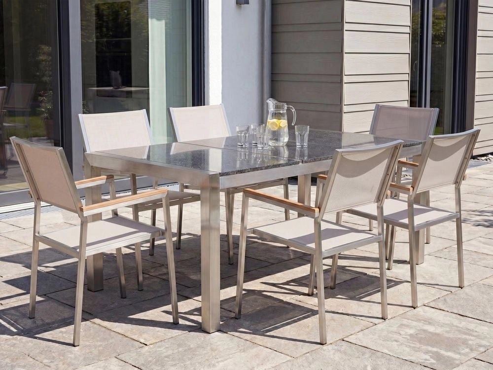 Set da Giardino Tavolo Piano Granito Grigio 6 Sedie Beige 180 x 90 cm