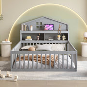 Letto per bambini a pavimento 140 × 200 cm con lavagna ripiani protezione porta e rete a doghe grigio