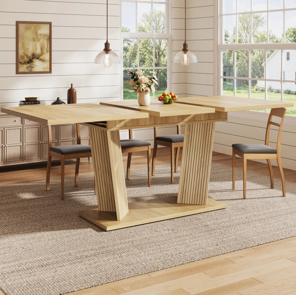Tavolo da Pranzo Allungabile in MDF e Metallo, Design a Doppia Colonna, 120-160x80x76 cm, Marrone Naturale
