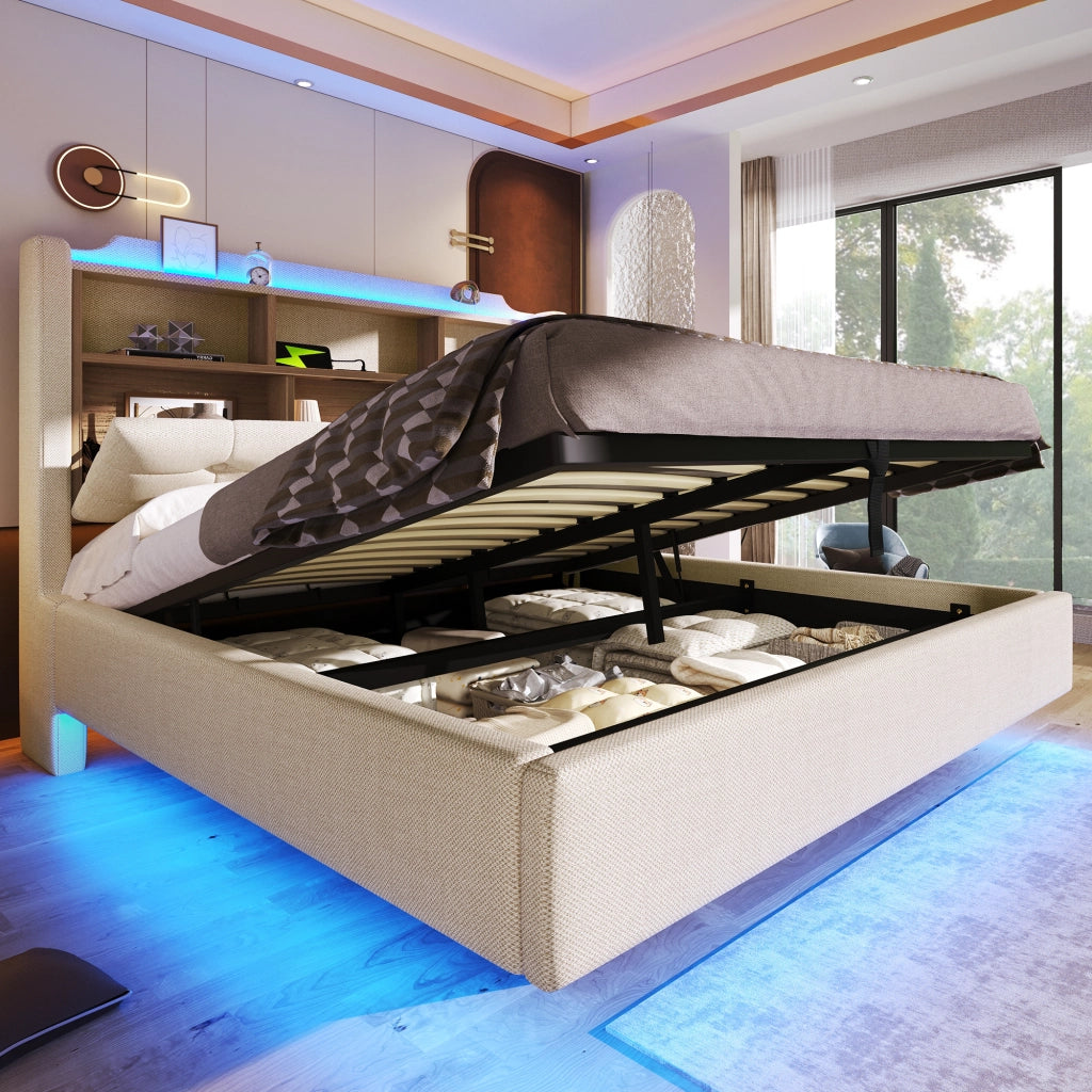 Letto matrimoniale 140 × 200 cm 2 posti con contenitore idraulico; LED; USB e porta tipo C; senza materasso; beige