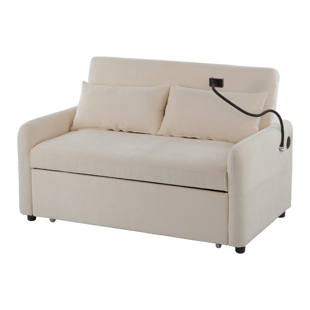 Divano letto estraibile a 2 posti con schienale reclinabile; USB; tasche laterali; beige