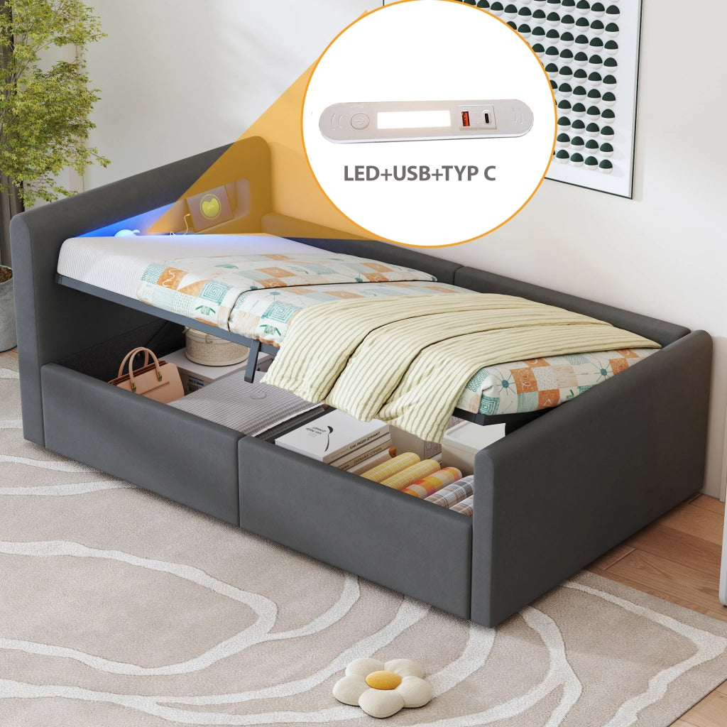 Letto per bambini imbottito 90 × 200 cm con luci LED porta USB vano idraulico velluto grigio