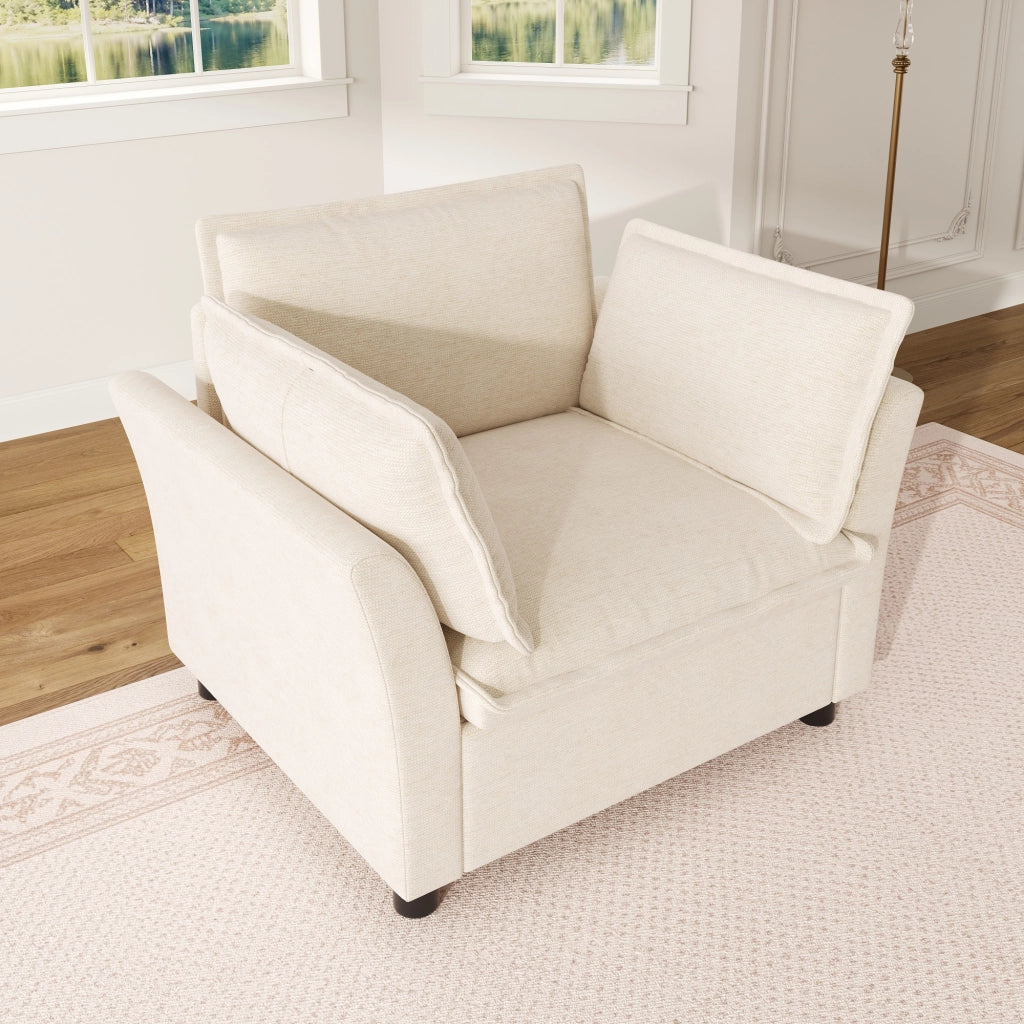 Poltrona con braccioli 90x81x87 cm in ciniglia beige con 2 cuscini rimovibili