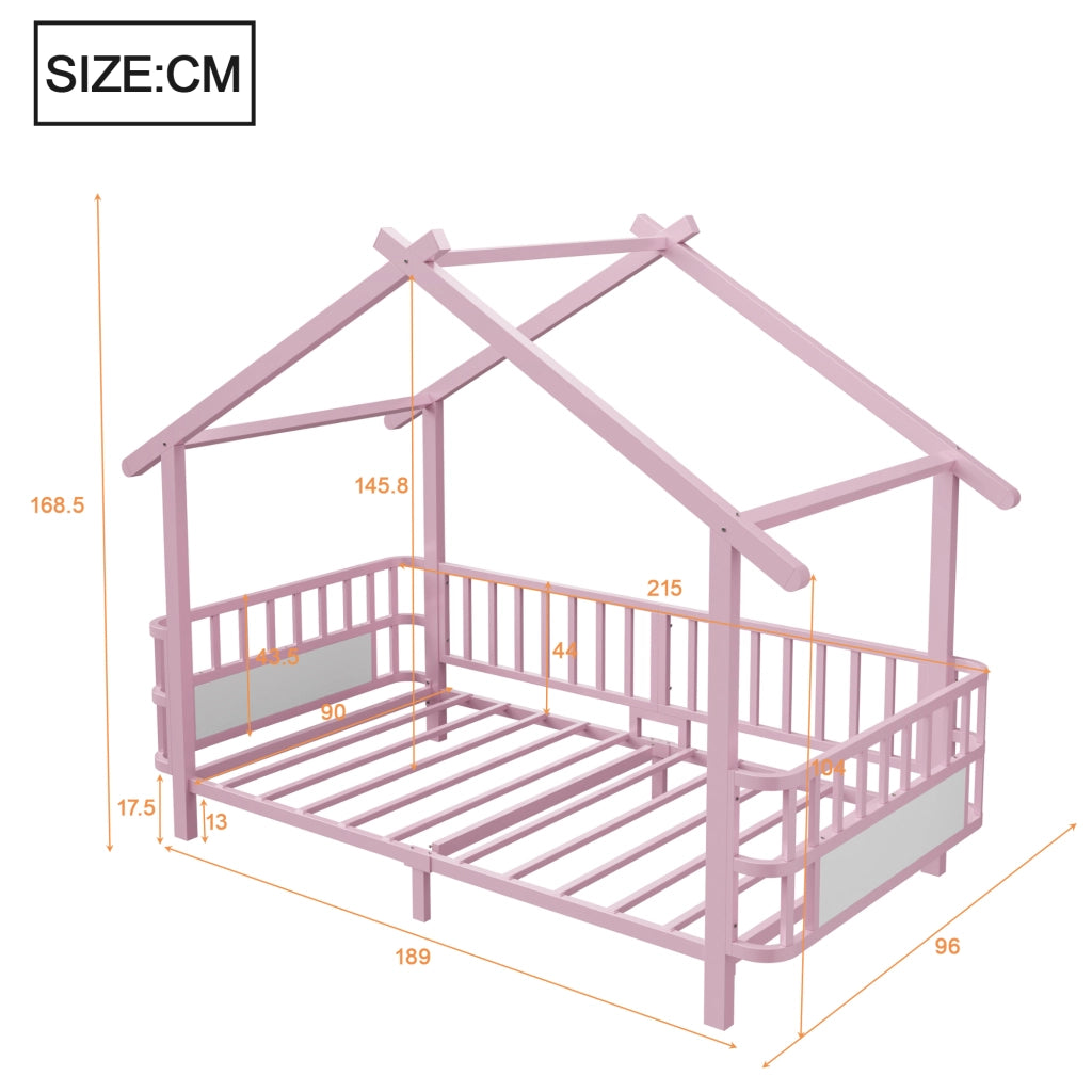 Letto per bambini in metallo a forma di casa, 90 x 200 cm, con griglia di sicurezza, design a tetto e cornice decorativa, per bambini e bambine, Rosa