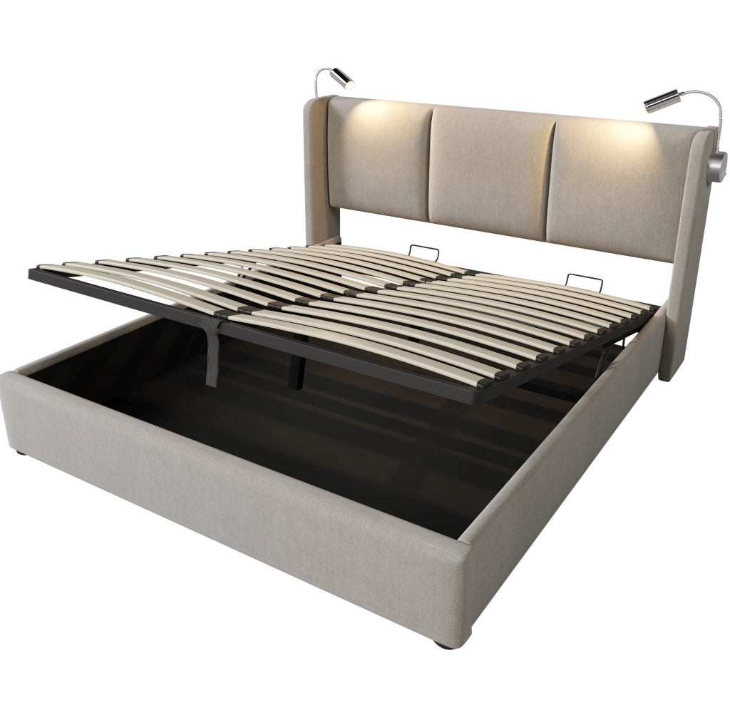 Letto matrimoniale 180x200 cm in lino beige con contenitore idraulico, lampada LED da lettura e ricarica USB